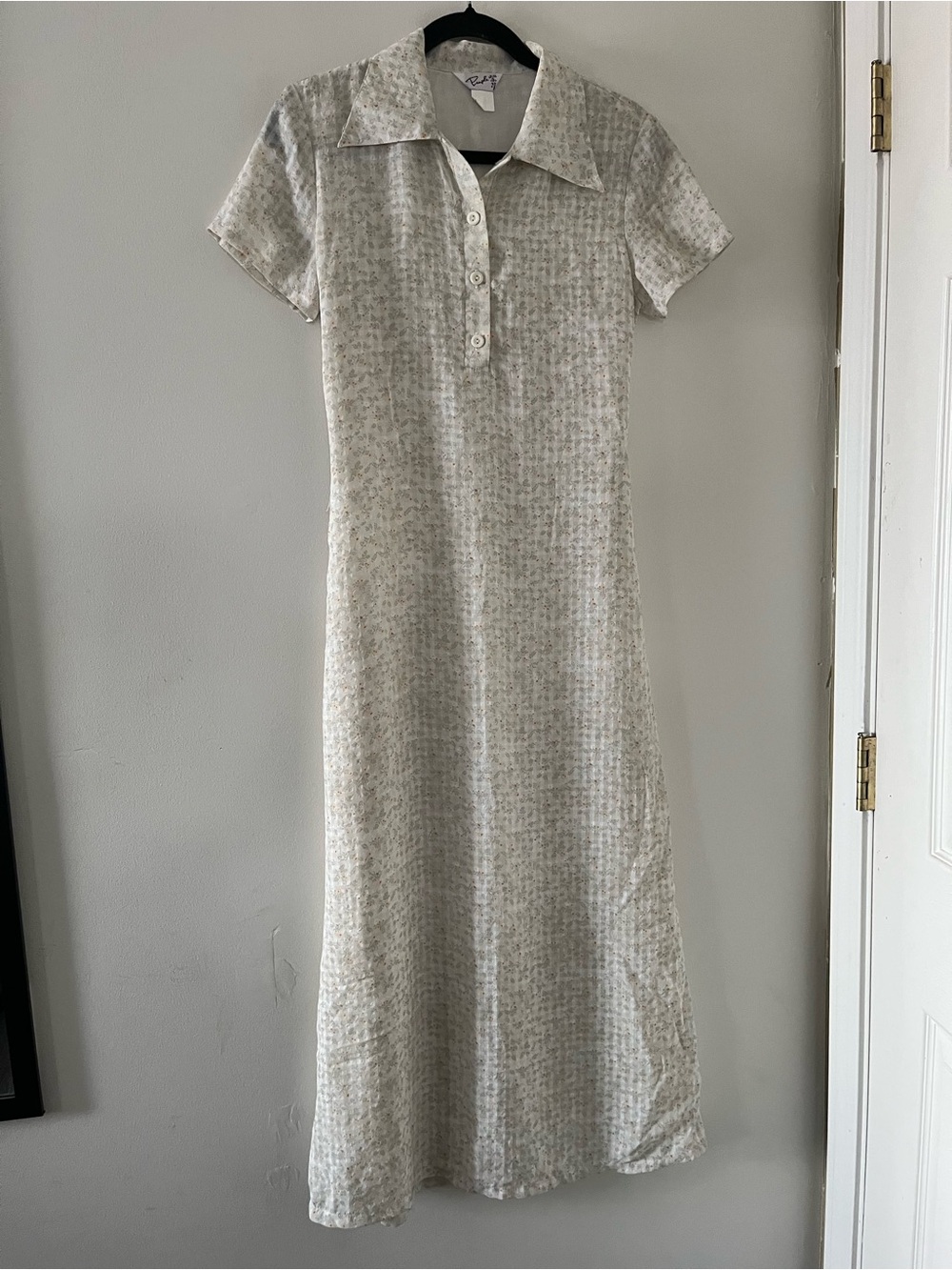 Vintage Gray Floral Shirt Midi Dress Small Tie Waist Cottagecore Housewife